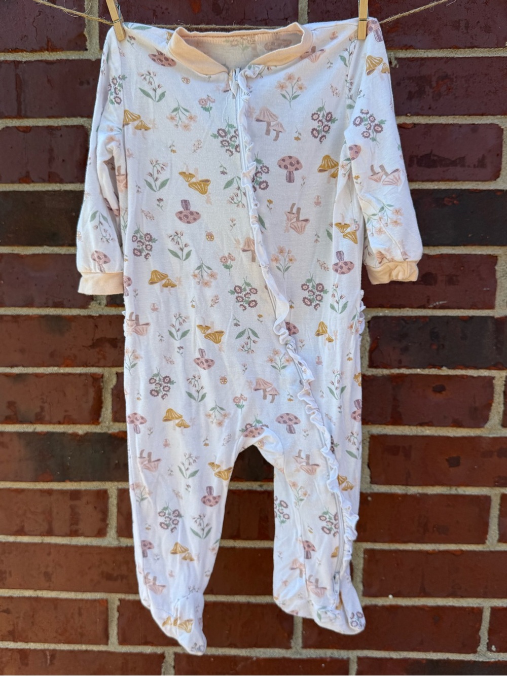 Baby One-Piece Footie with Mushroom & Floral Print - White with Pastel Accents